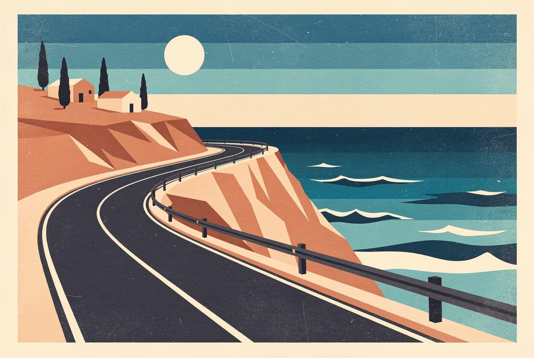 Illustrazione: strada che attraversa il paesaggio di santorini